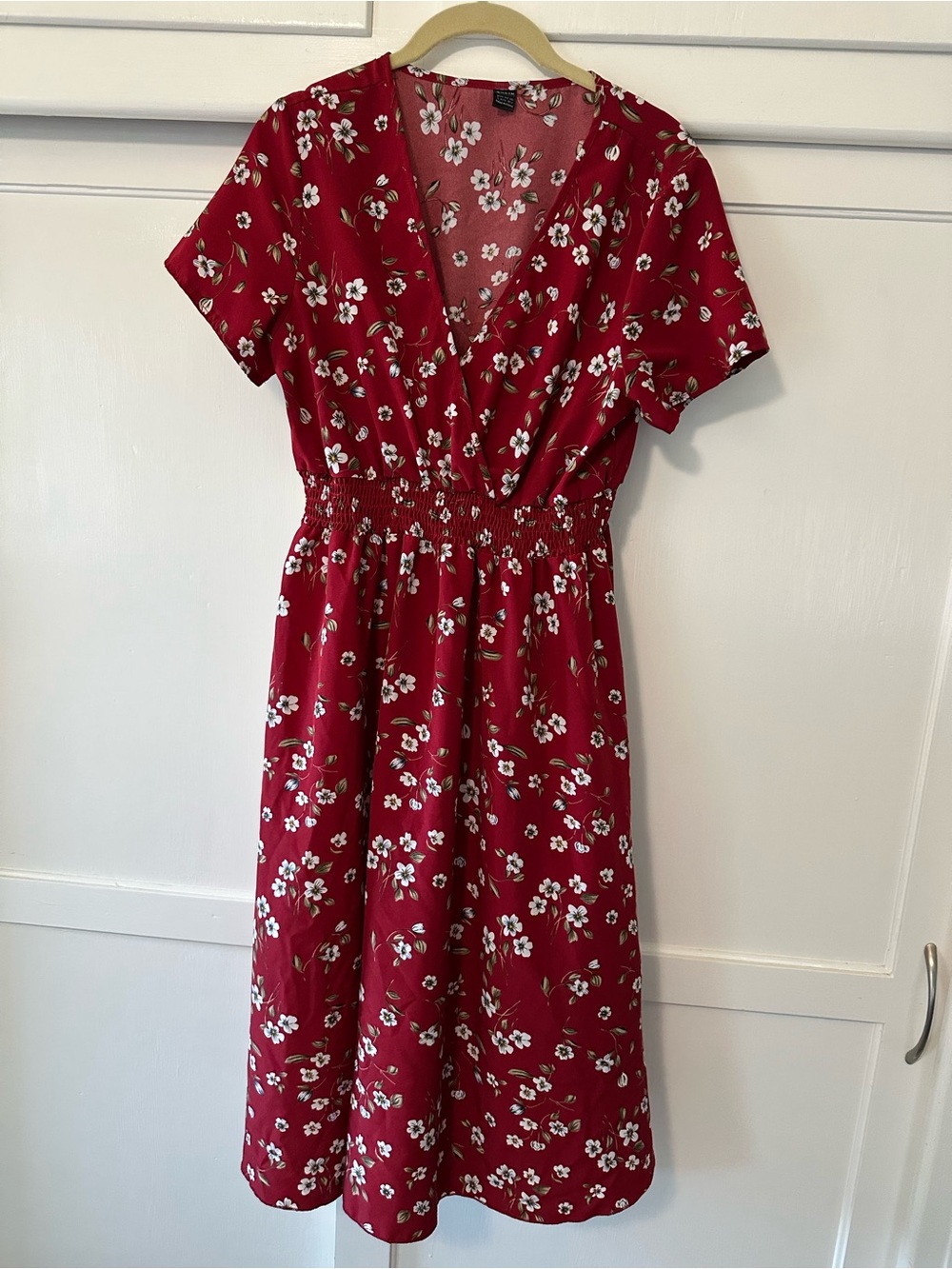 Red Floral Midi Dress with Smocked Waist